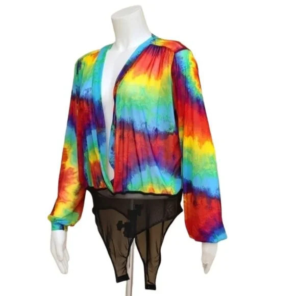 LOVE BRAND Rainbow Tie Dye Long Sleeve Bodysuit L Pride Festival Rave Faux Wrap - Picture 15 of 16